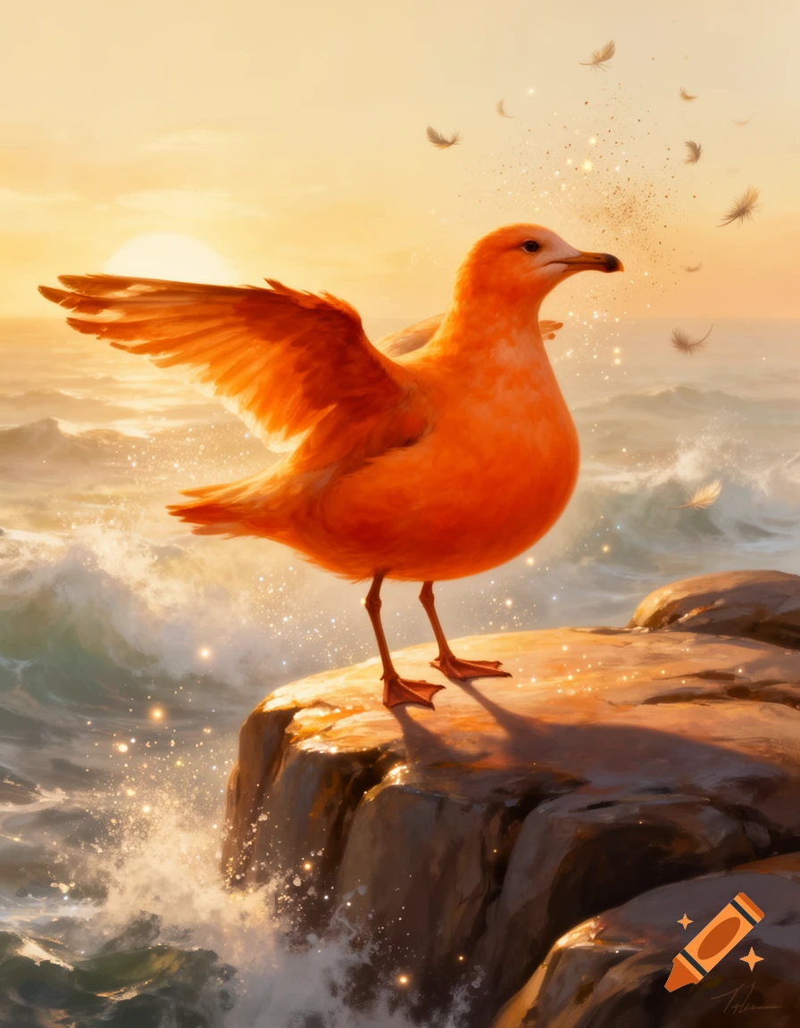 A vibrant orange seagull with spread wings stands on a sunlit rock by a sparkling ocean at sunset, with feathers floating around it.