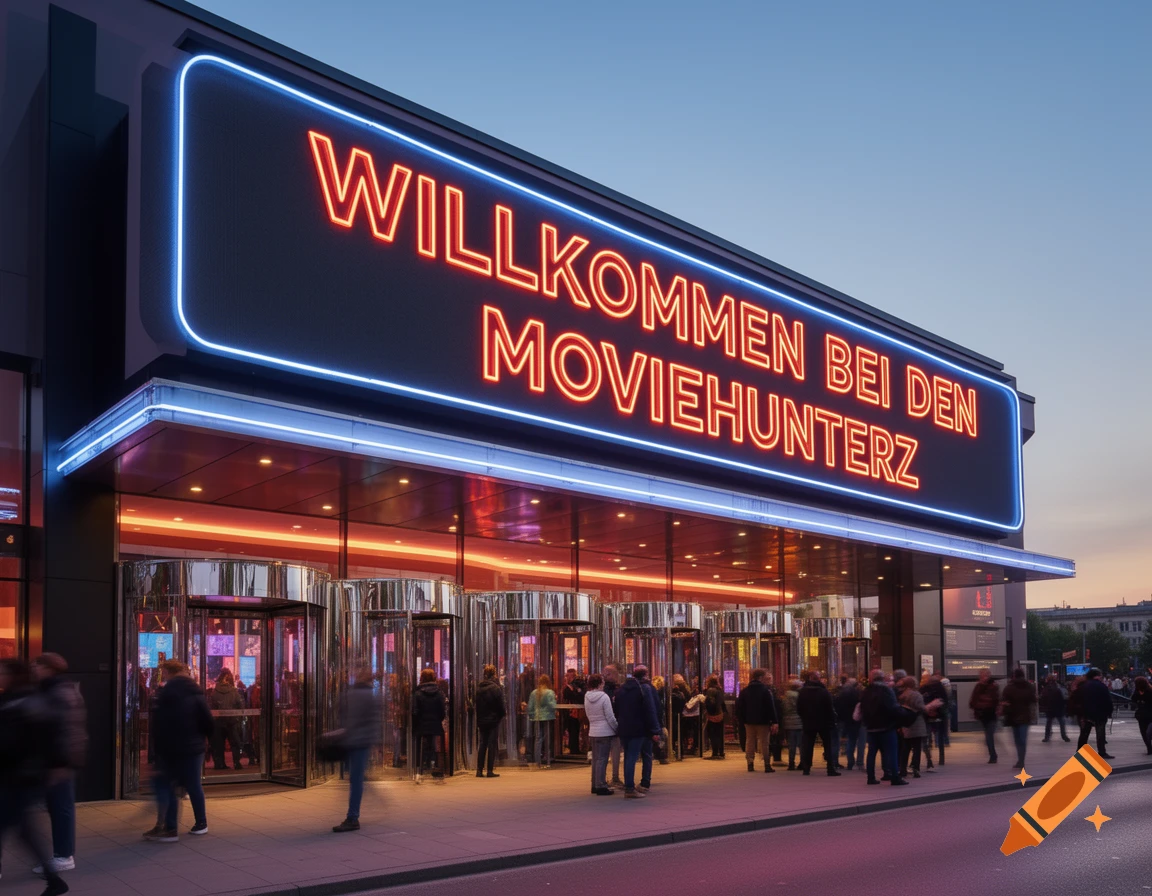 A modern movie theater entrance with a bright red neon sign reading 'WILLKOMMEN BEI DEN MOVIEHUNTERZ' and crowds of people outside at dusk.