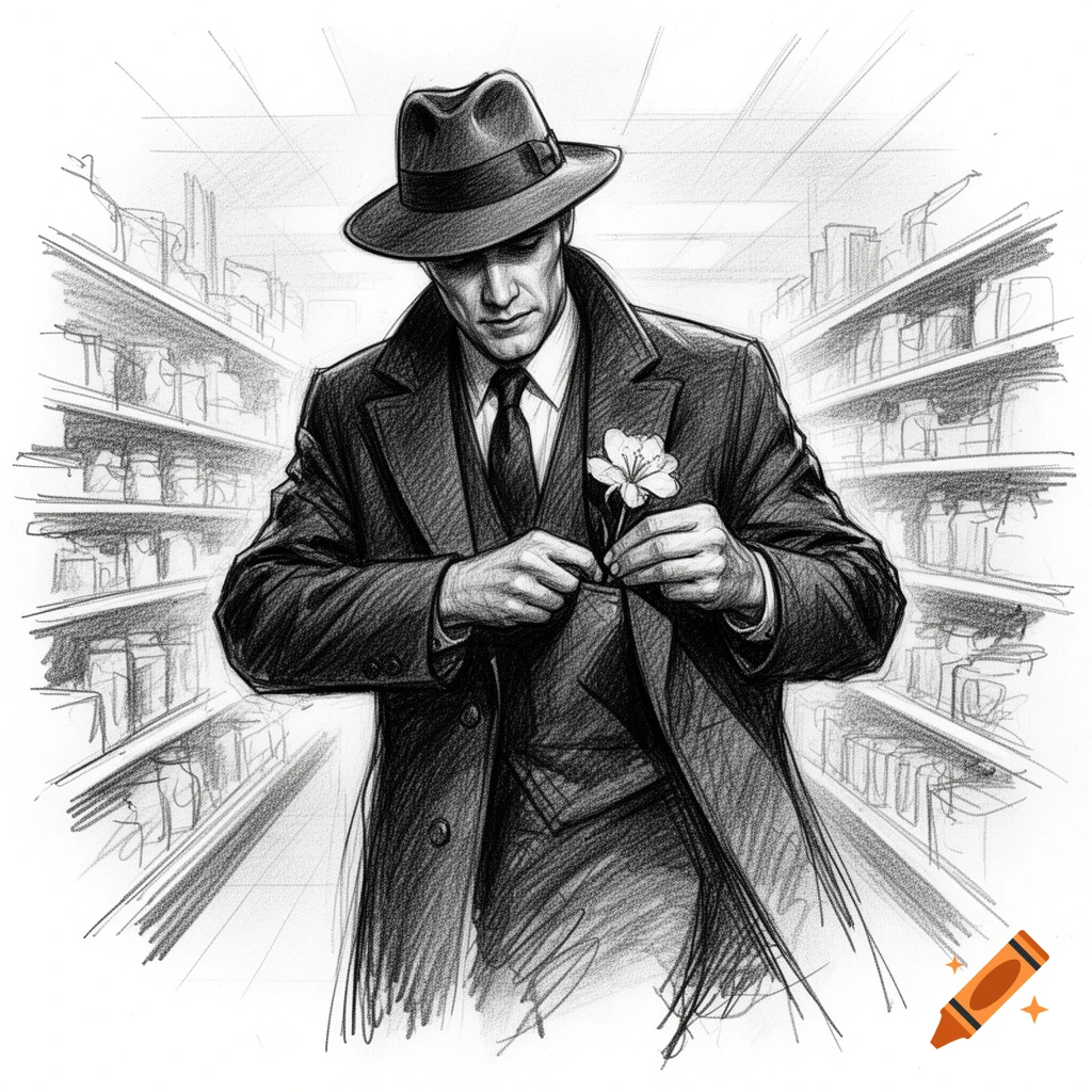 Black and white sketch of a man in a fedora and trench coat putting a flower in his pocket in a supermarket.