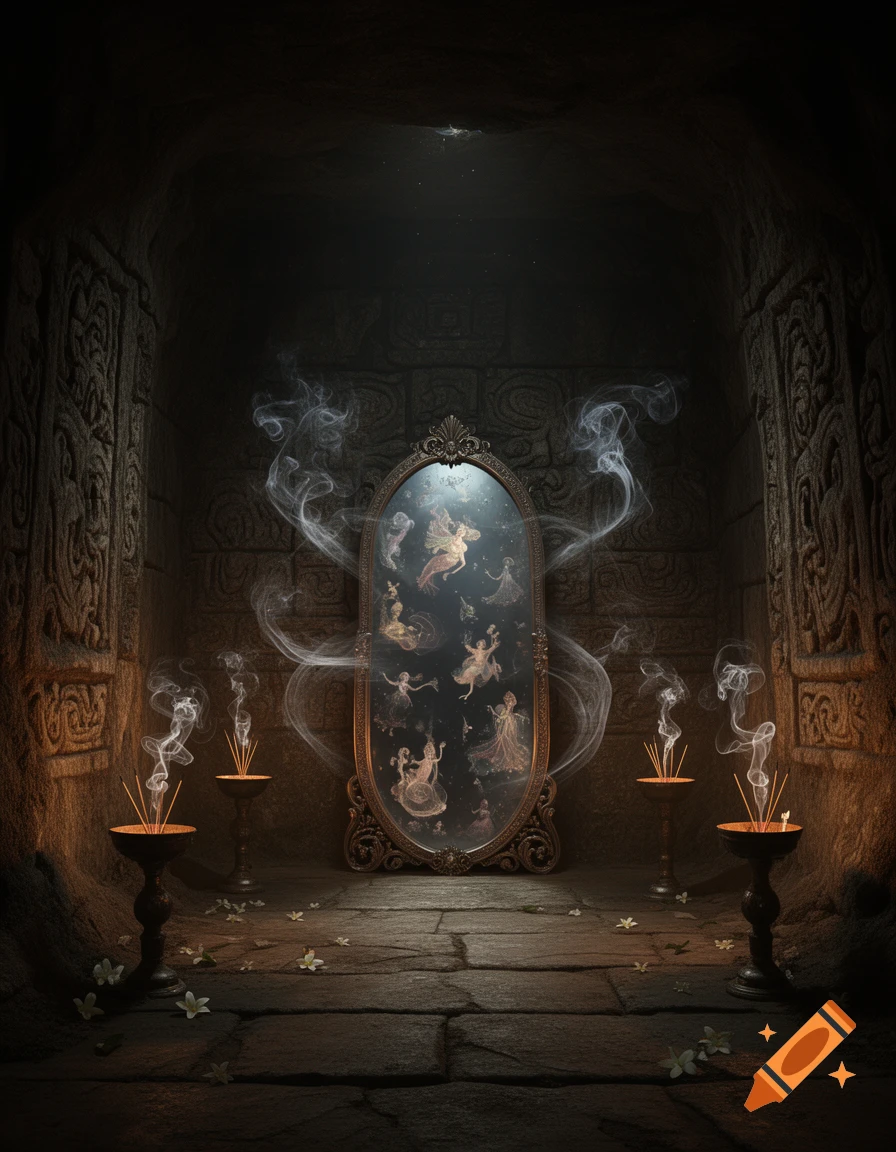An ornate mirror in a dark, ancient stone chamber reflects ghostly dancing figures, surrounded by smoking incense and scattered white flowers.