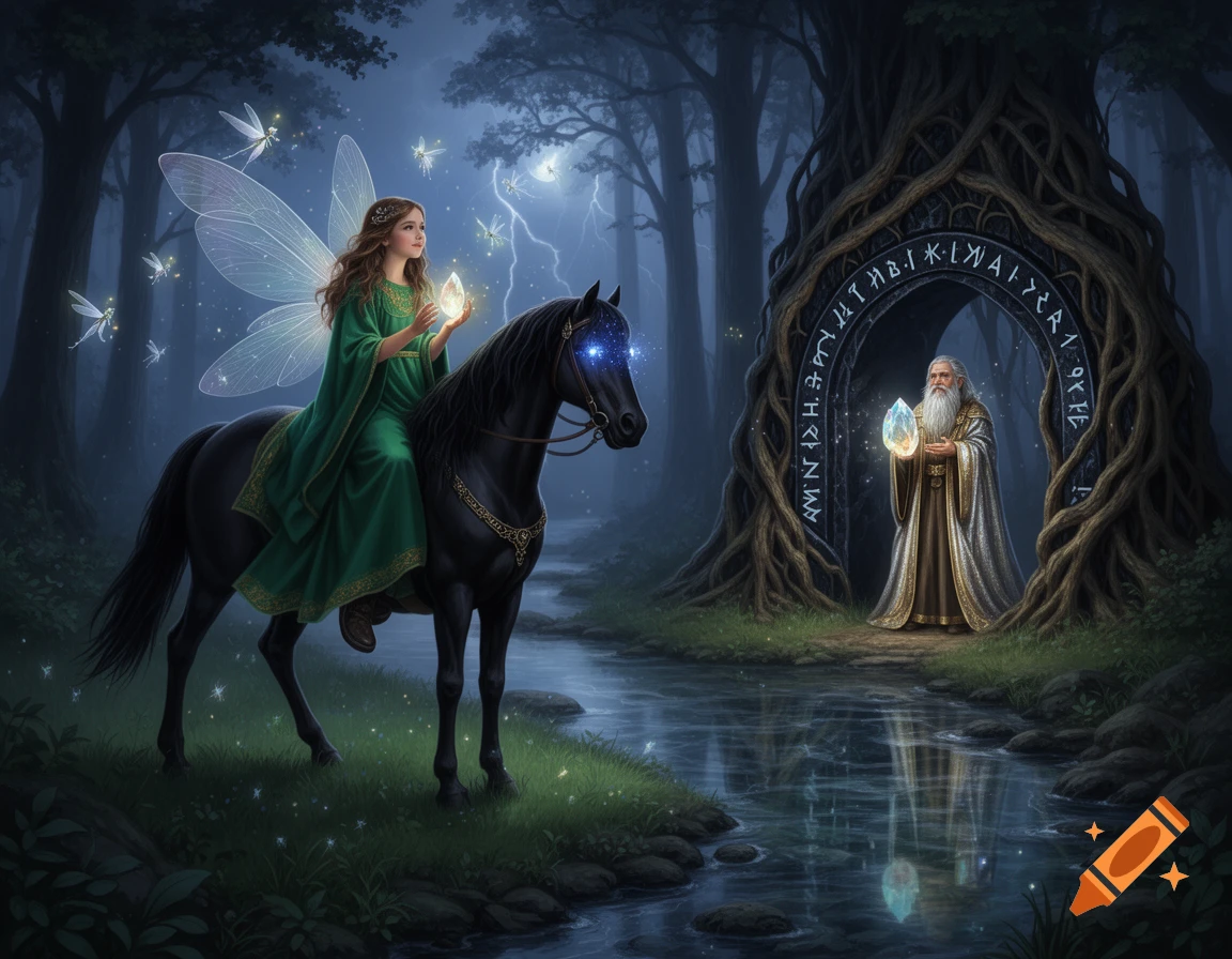 A fairy on a black horse holds a glowing crystal, facing a wizard holding another crystal at a root archway in a dark magical forest with lightning.
