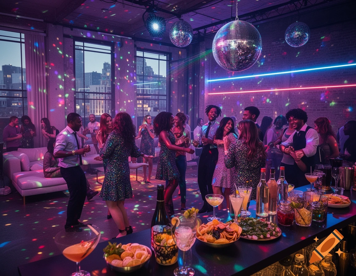 A lively disco party in a loft, with people dancing under colorful lights from disco balls and a bar laden with drinks and snacks.