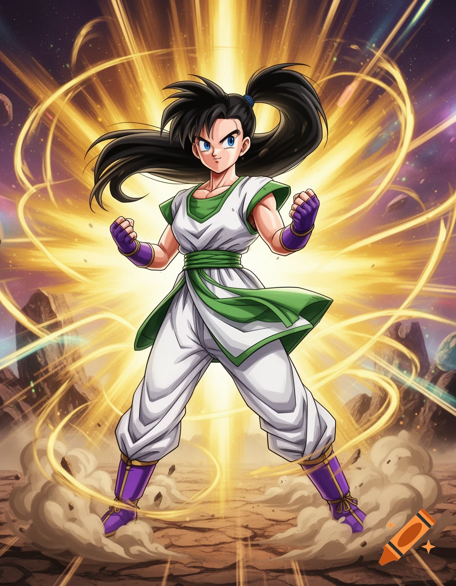 Anime-style female character in a white and green martial arts gi, standing in a powerful stance with golden energy radiating around her against a cosmic desert background.