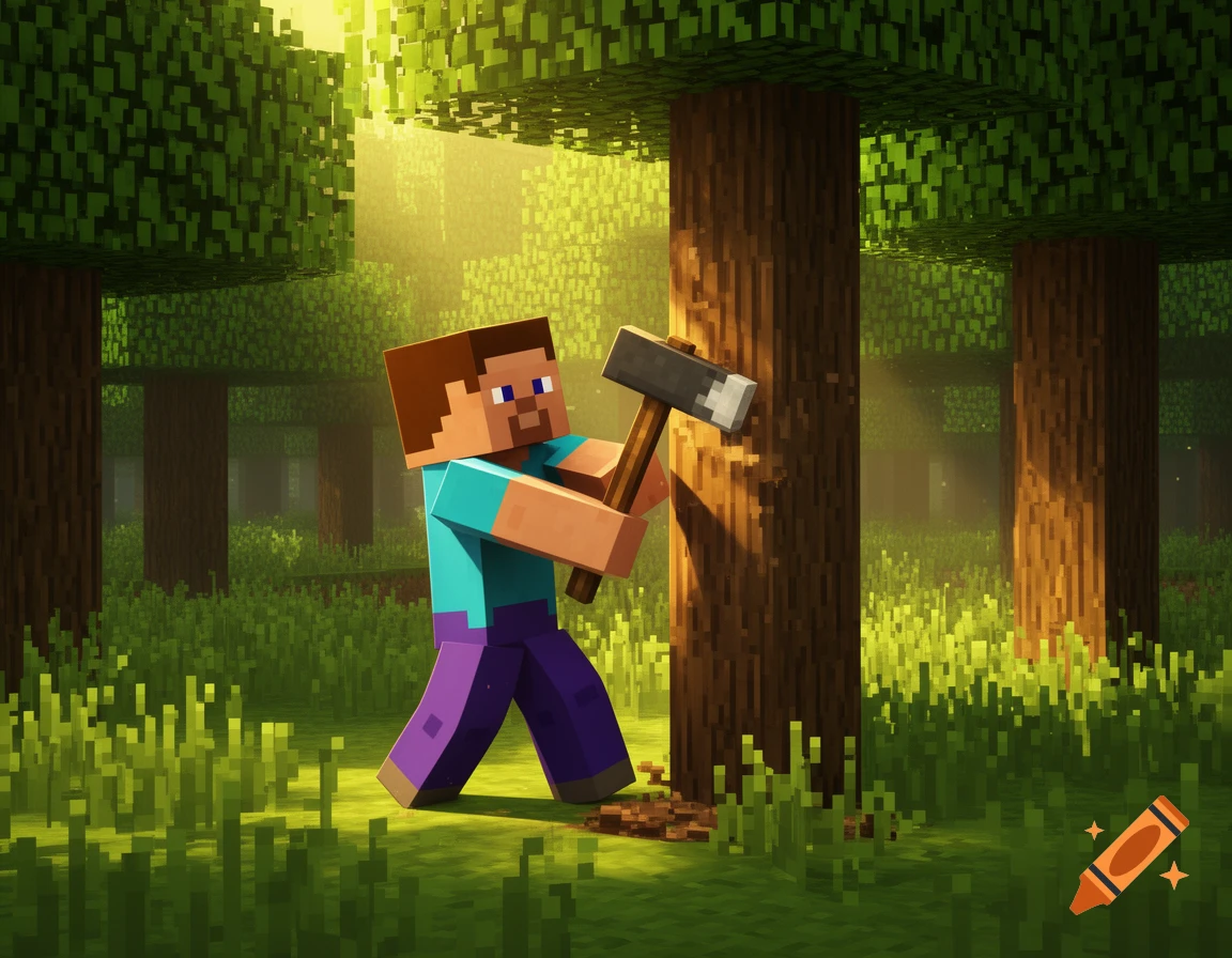 A blocky Minecraft character, Steve, holds an axe, chopping wood from a tree in a sunny, pixelated forest.
