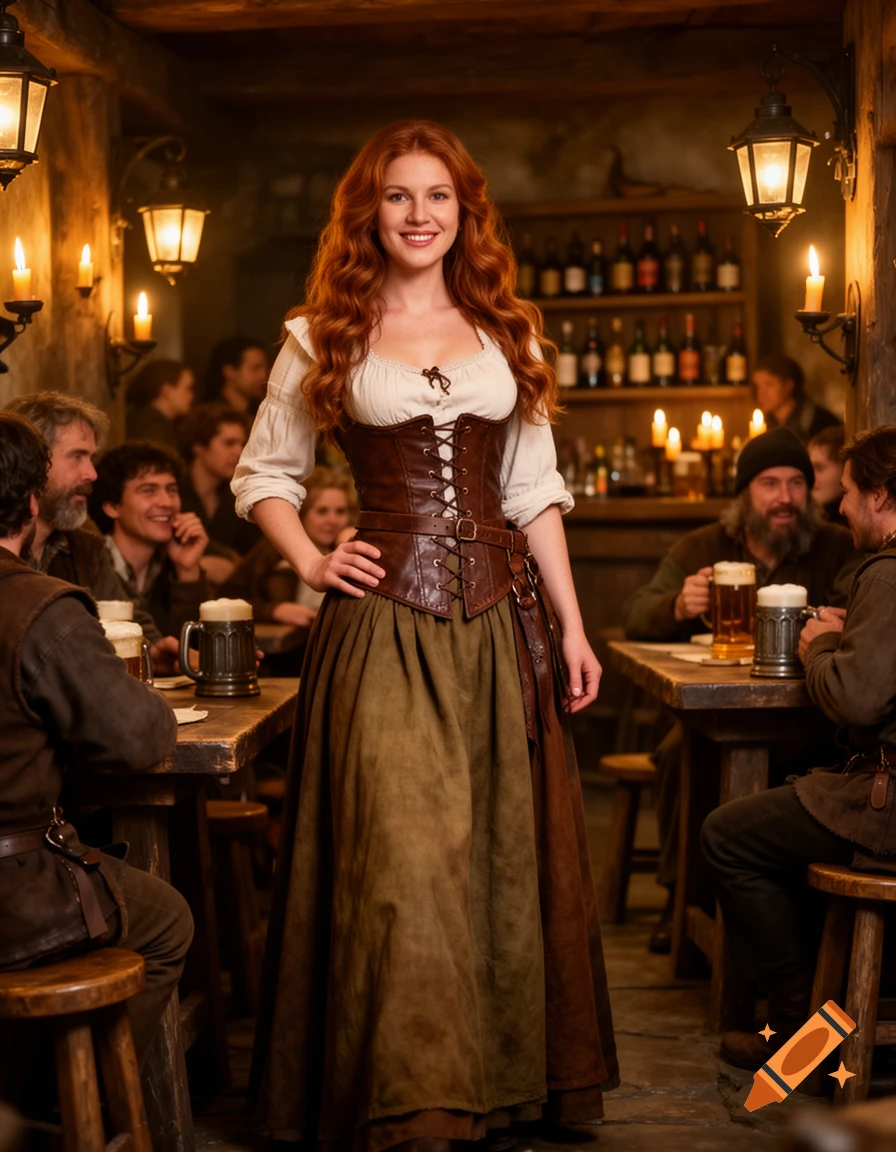 A smiling red-haired woman in a brown corset and white blouse stands in a rustic fantasy tavern.