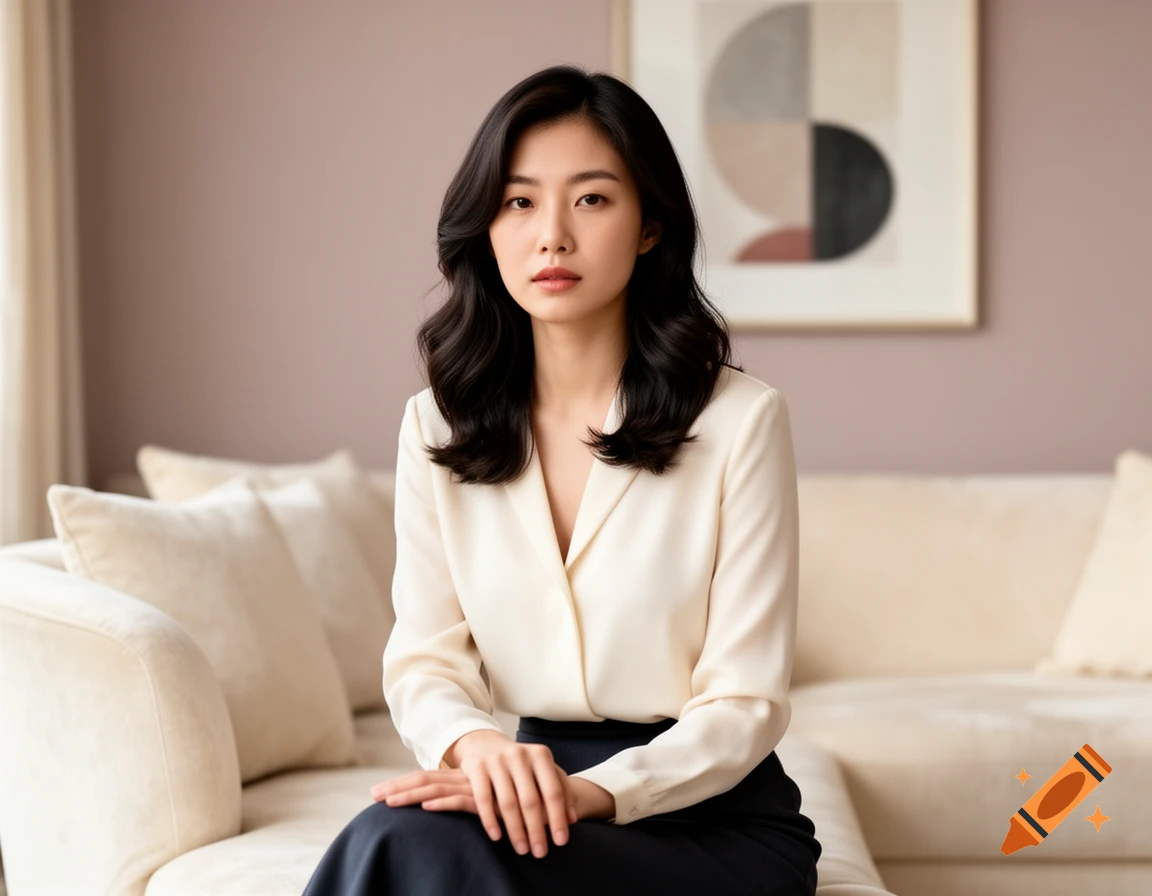 A photorealistic portrait of an Asian woman with dark wavy hair, wearing a cream blouse and dark pants, sitting on a light couch.