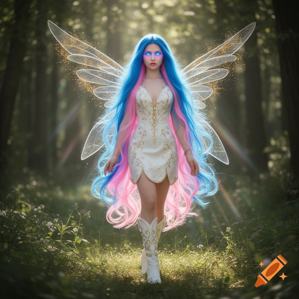 A fantasy fairy with long blue and pink hair, glowing blue eyes, and golden wings walks in a magical forest, wearing a white and gold dress and boots.