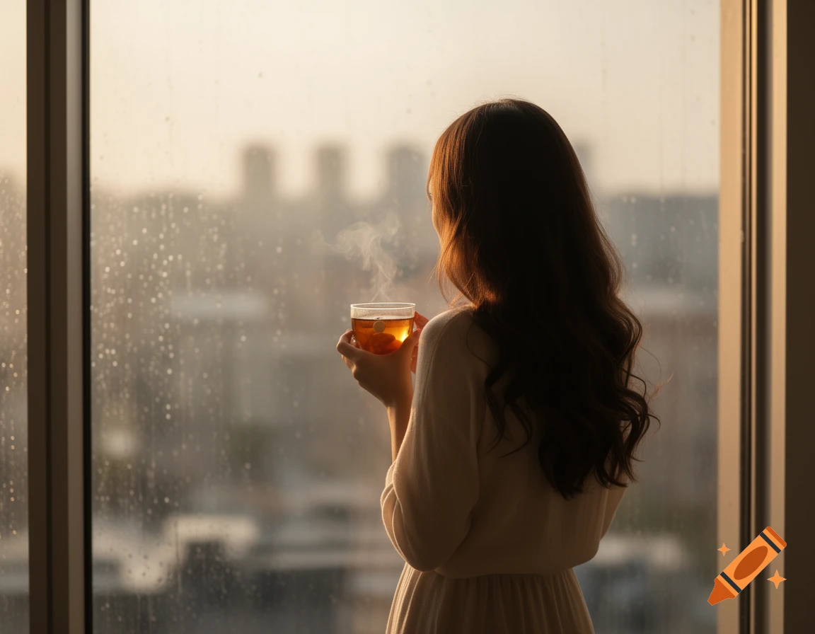 Woman from behind, holding tea, looking out a rainy window at a blurred city at sunset. Photorealistic.