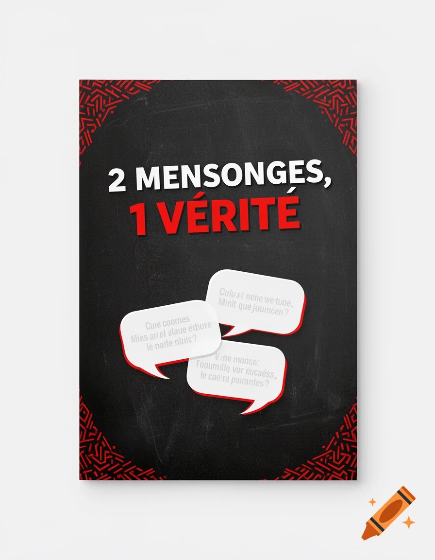 A black game poster with the title "2 MENSONGES, 1 VÉRITÉ" in white and red, above three white speech bubbles containing illegible text.