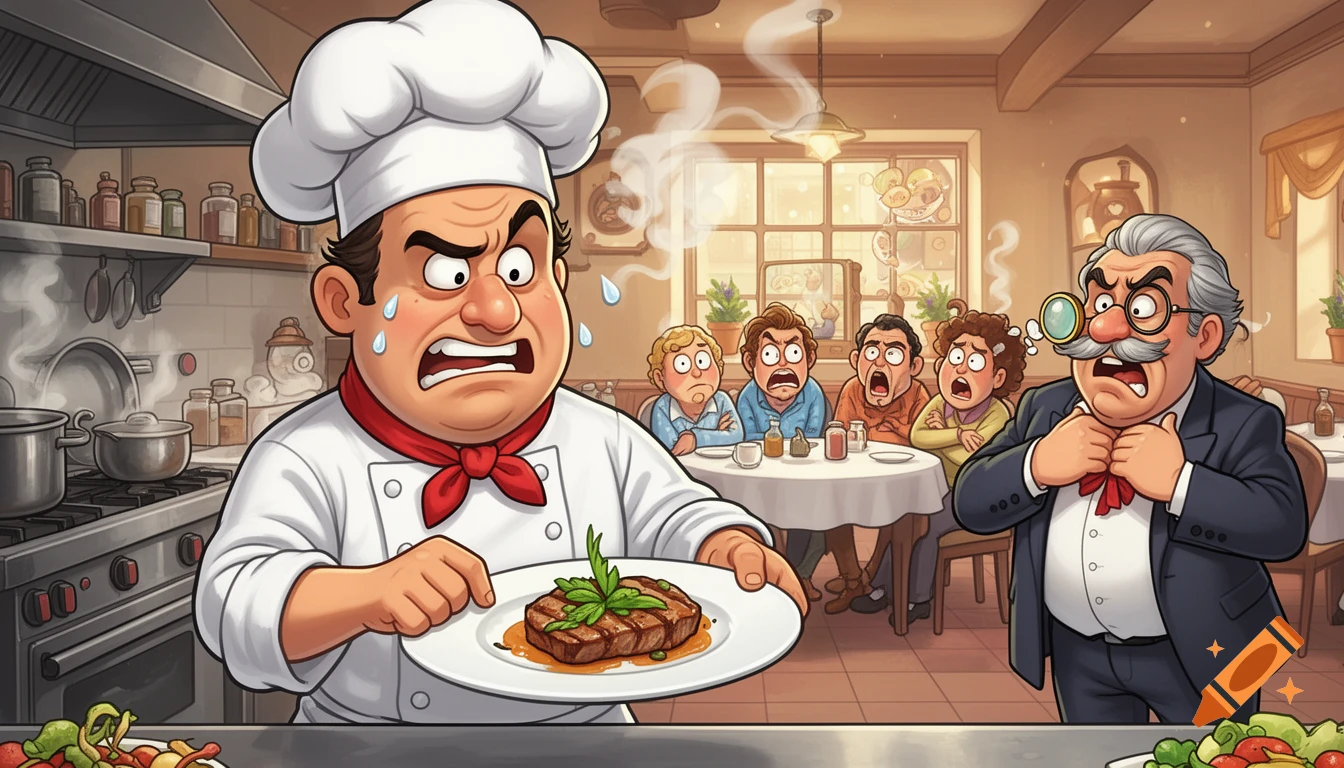 A frantic cartoon chef holds a steak while a dramatic food critic and hungry customers react in a restaurant.