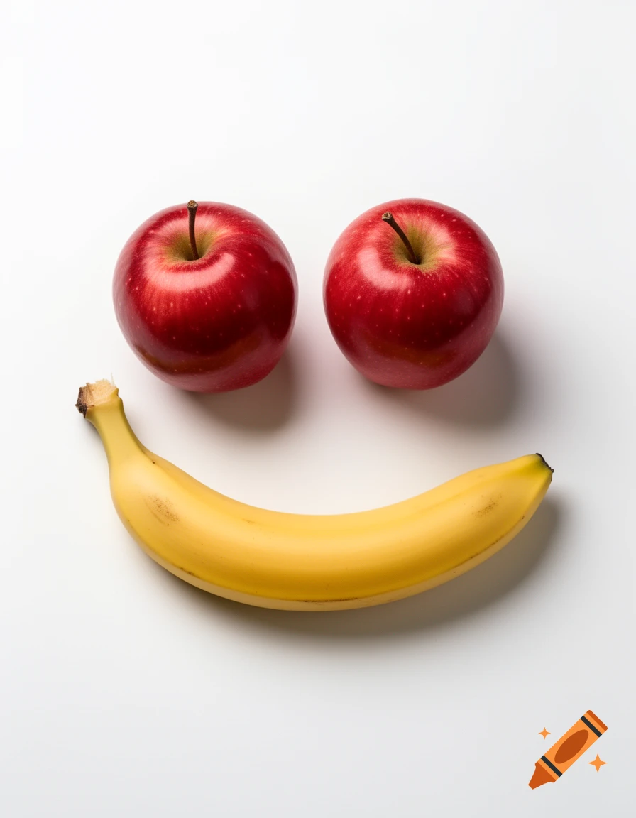 Two red apples and a yellow banana arranged into a smiley face on a white background, photorealistic style.