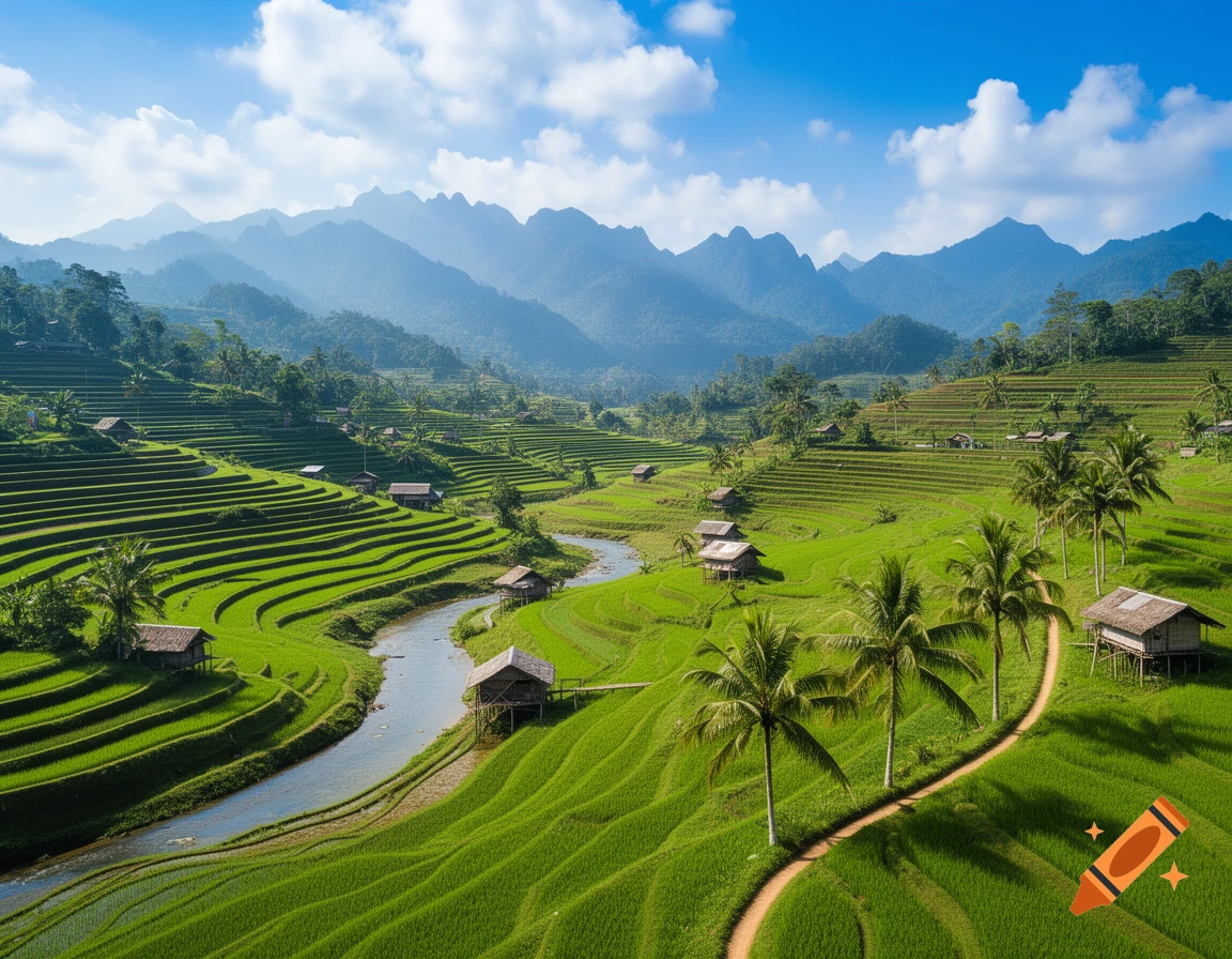 Lush green rice terraces with a river winding through a valley, scattered traditional houses, palm trees along a path, and misty mountains under a blue sky.