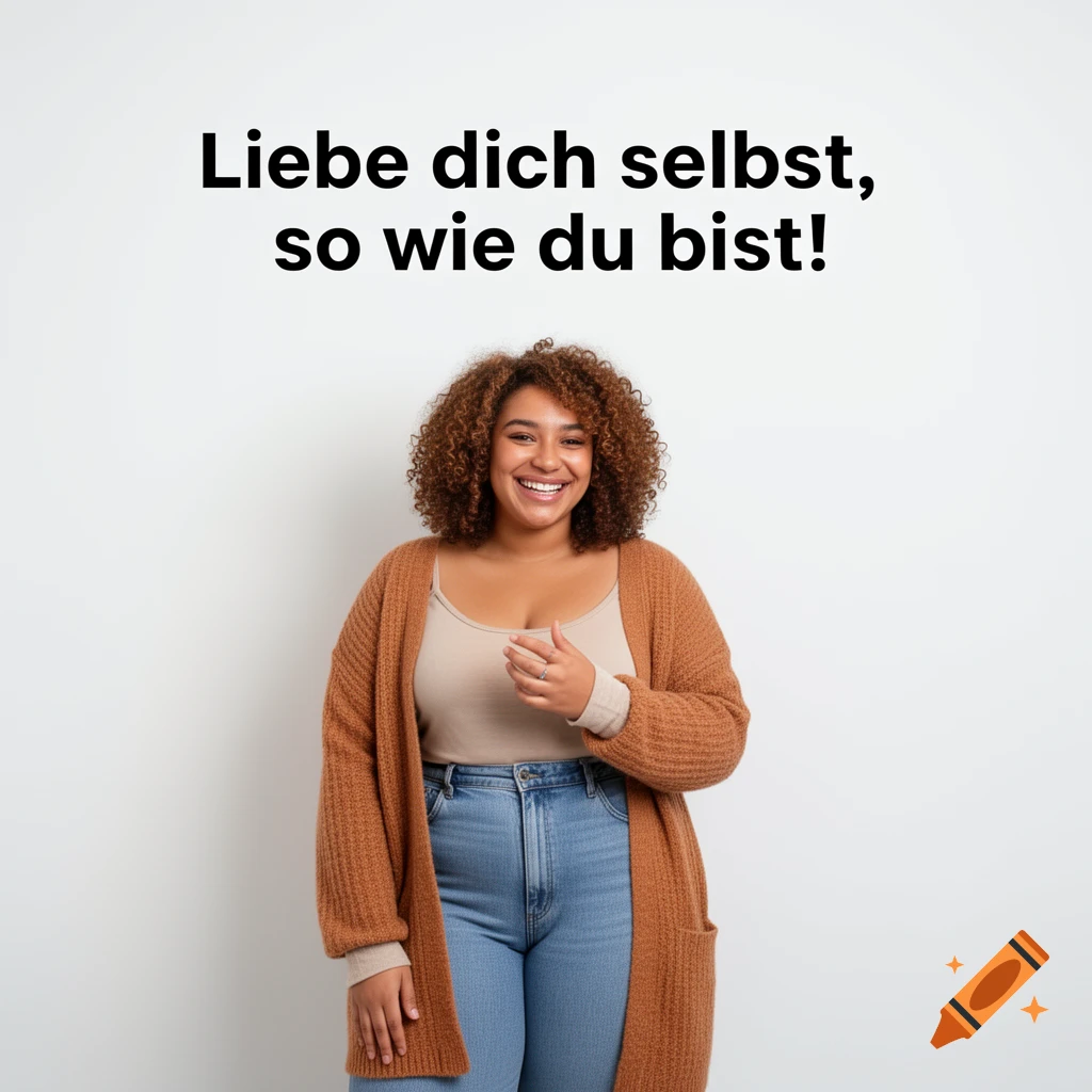 Smiling woman with curly hair in a brown cardigan and jeans, with German text 'Love yourself, just the way you are!' above her.