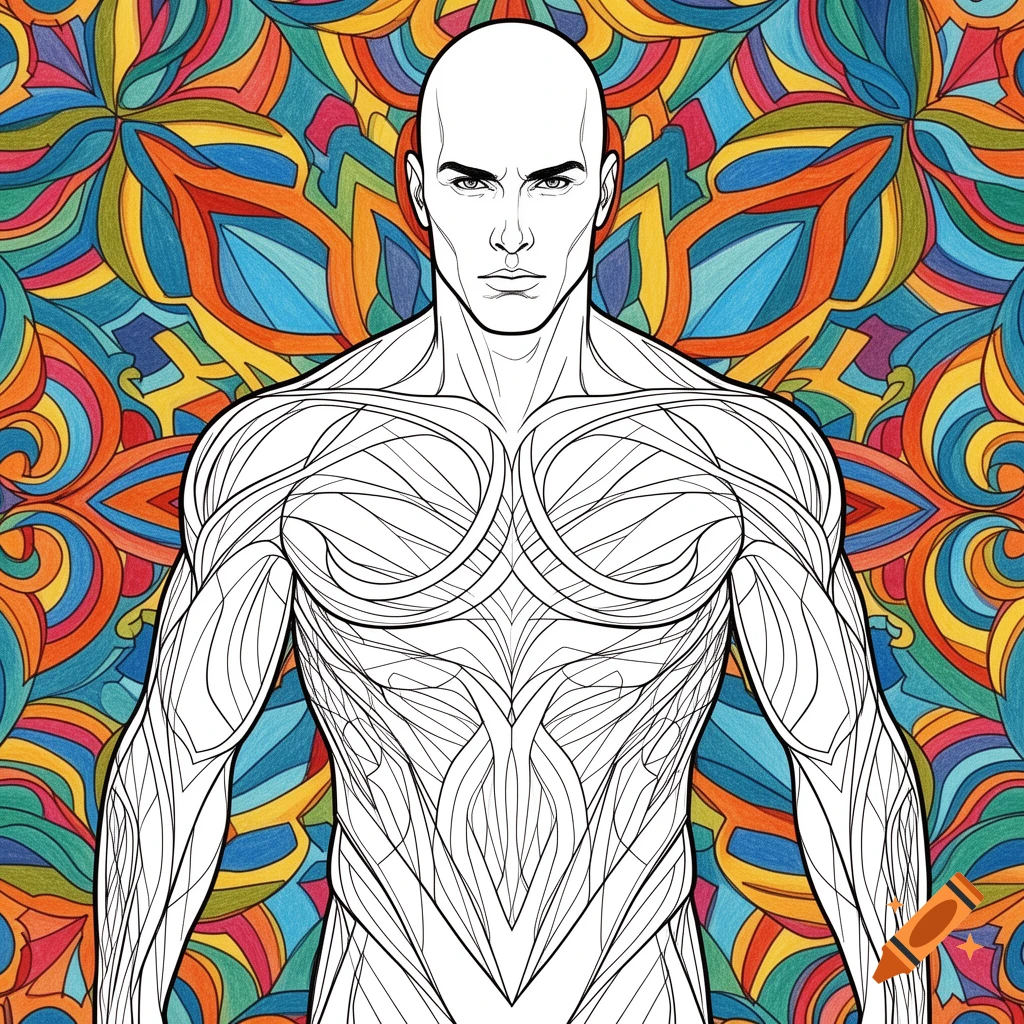 Line art of a bald male torso with stylized muscle lines, set against a vibrant, colorful abstract background.
