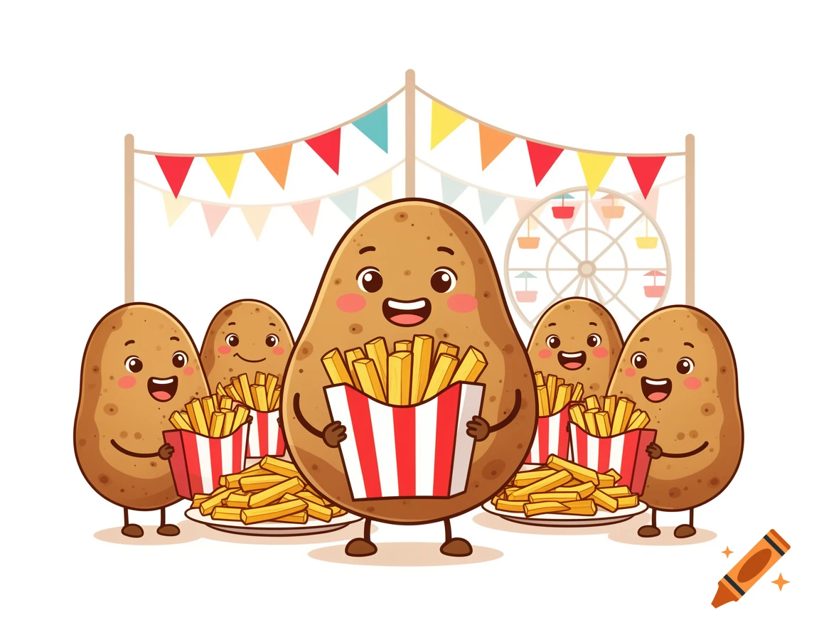 A group of happy cartoon potatoes at a fair, holding and eating french fries, with a Ferris wheel and banners in the background.