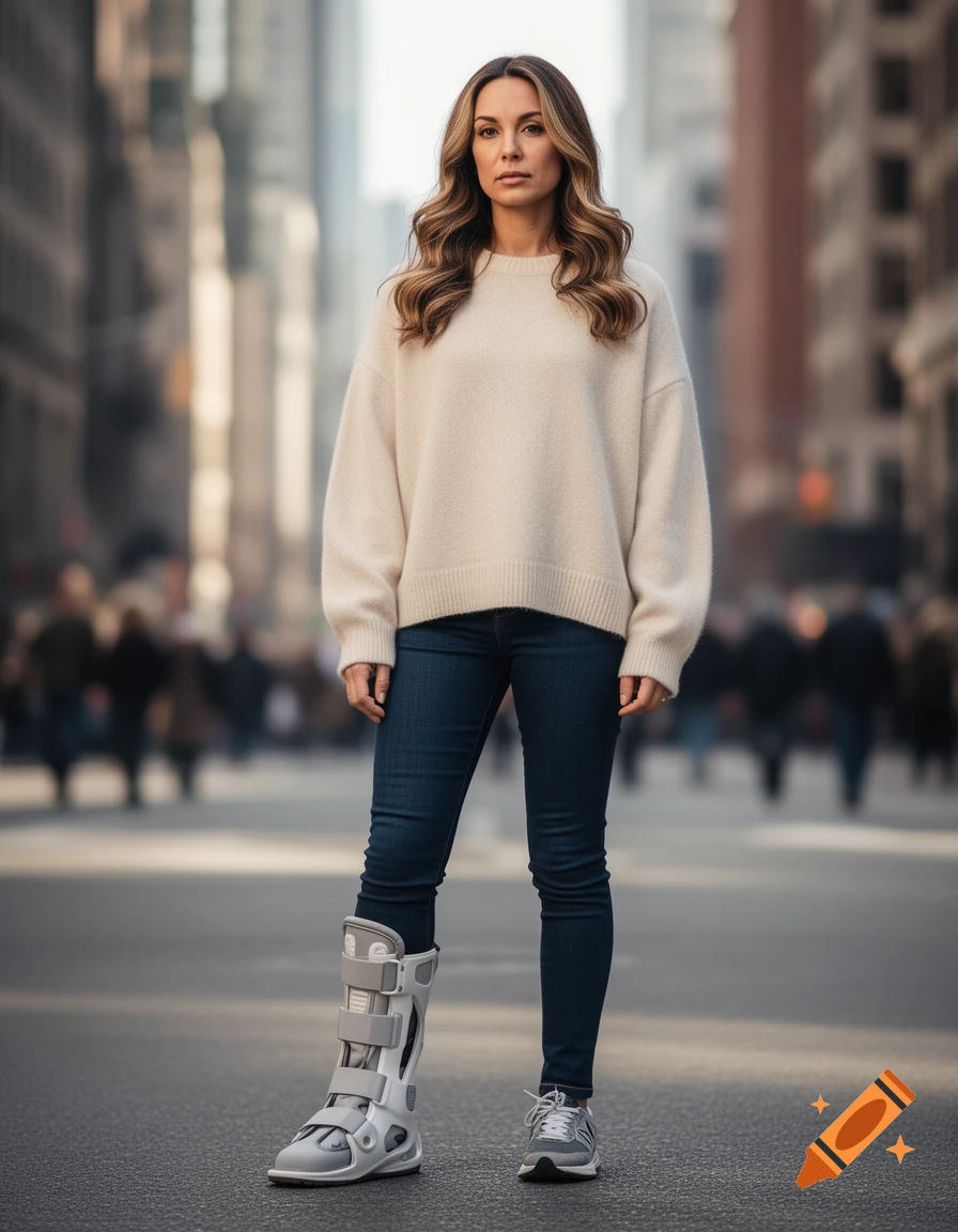 A woman in a beige sweater and blue jeans stands on a city street, wearing a grey medical boot on her left foot.