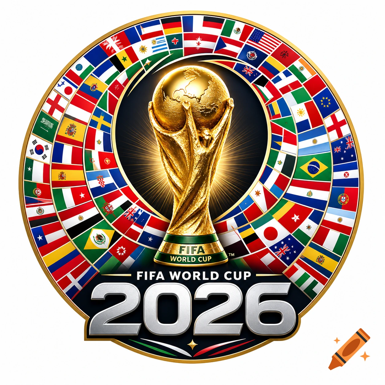 Logo for FIFA World Cup 2026 featuring a golden trophy surrounded by national flags of participating countries.