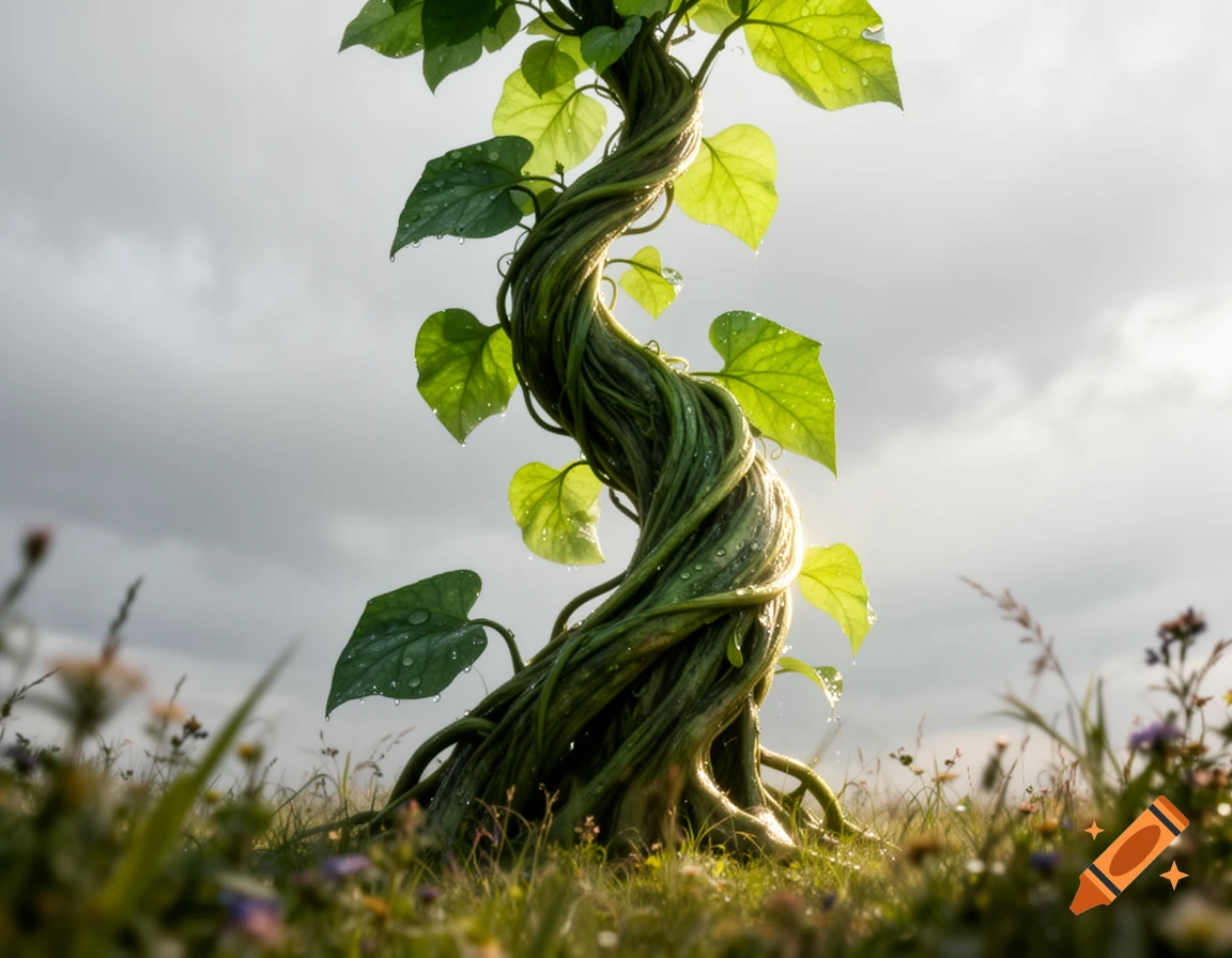 A lush, twisted green beanstalk with glistening leaves rises from a grassy field under a cloudy sky.