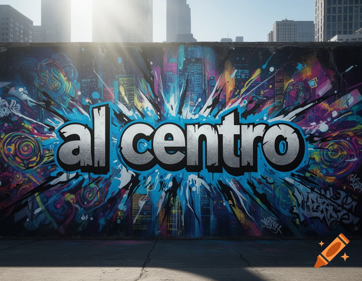 Vibrant graffiti art on a wall featuring the words 'al centro' in silver and blue, with a city skyline in the background.