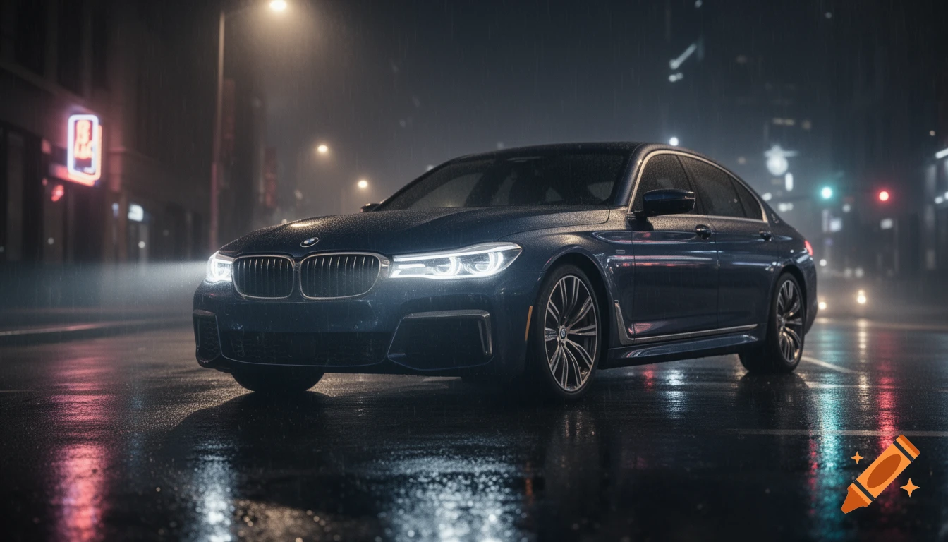 A blue BMW car on a wet city street at night during rain, with its headlights on and reflections visible.