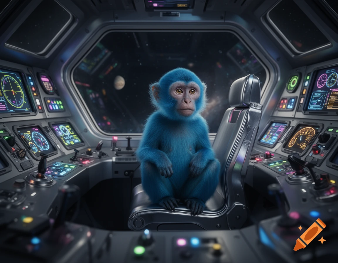 A photorealistic image of a blue monkey sitting in the pilot's seat of a detailed spaceship cockpit, gazing forward. The view outside the window shows stars and a planet.