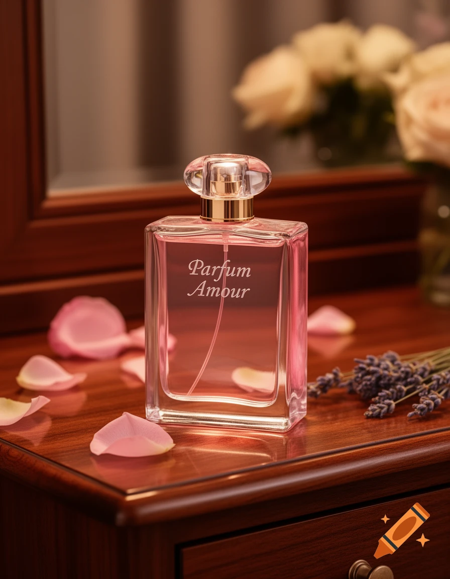 A clear glass perfume bottle with pink liquid, labeled 'Parfum Amour', sits on a wooden dresser with rose petals and lavender.