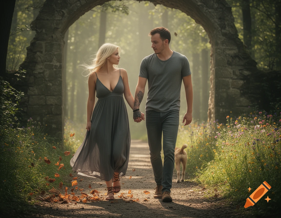 A blonde woman and a man walk hand-in-hand through a sunlit forest path with a stone archway, a dog trailing them.