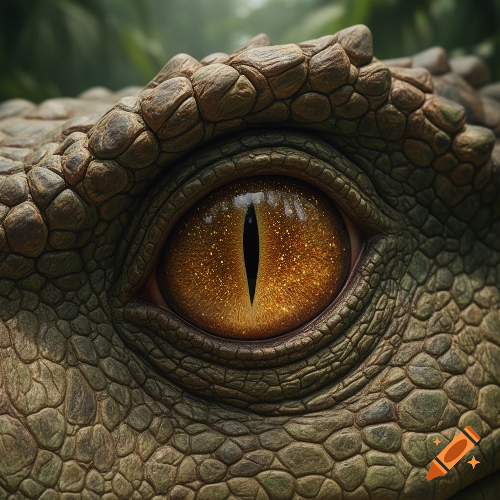 A detailed close-up of a dinosaur's or reptile's eye, with golden scales around it and a glittering, amber-colored iris.