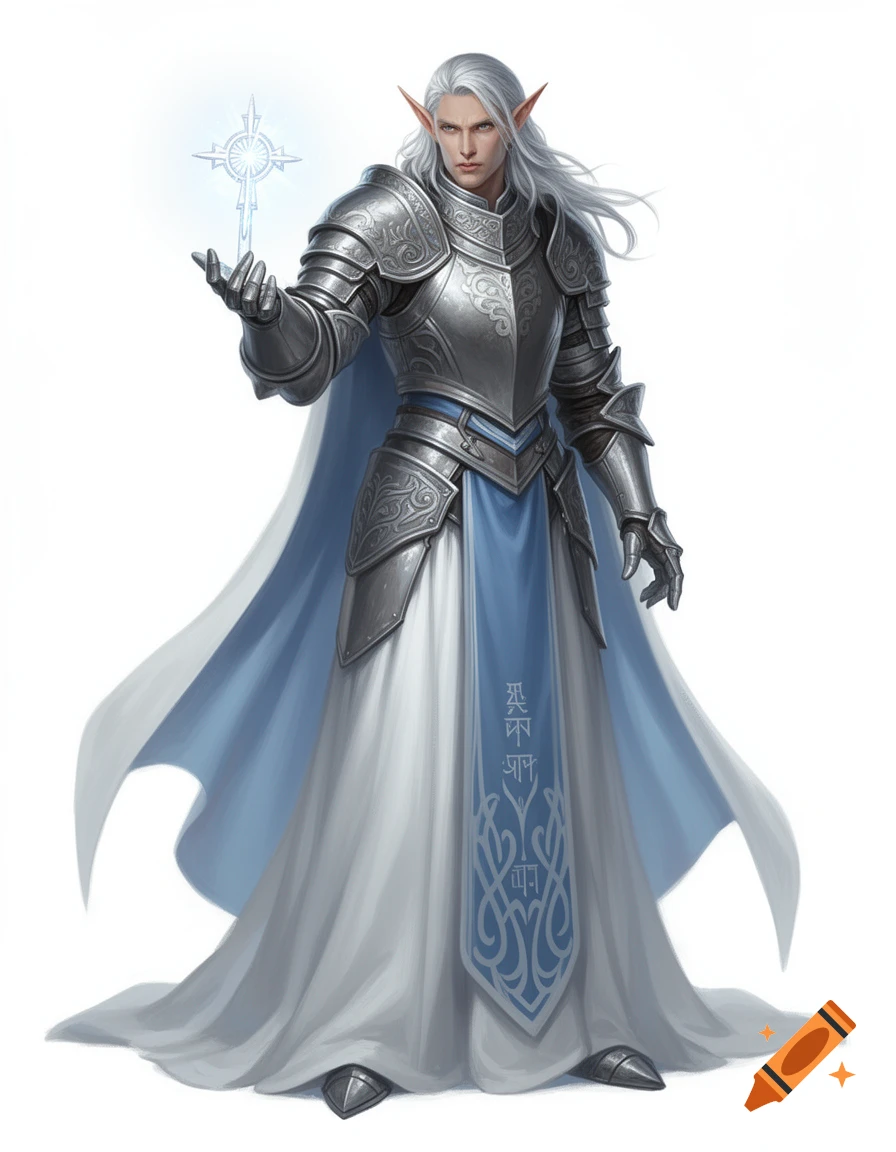 A male high elf cleric in silver armor and white and blue robes holds a glowing holy symbol, with a cold gaze, fantasy art.