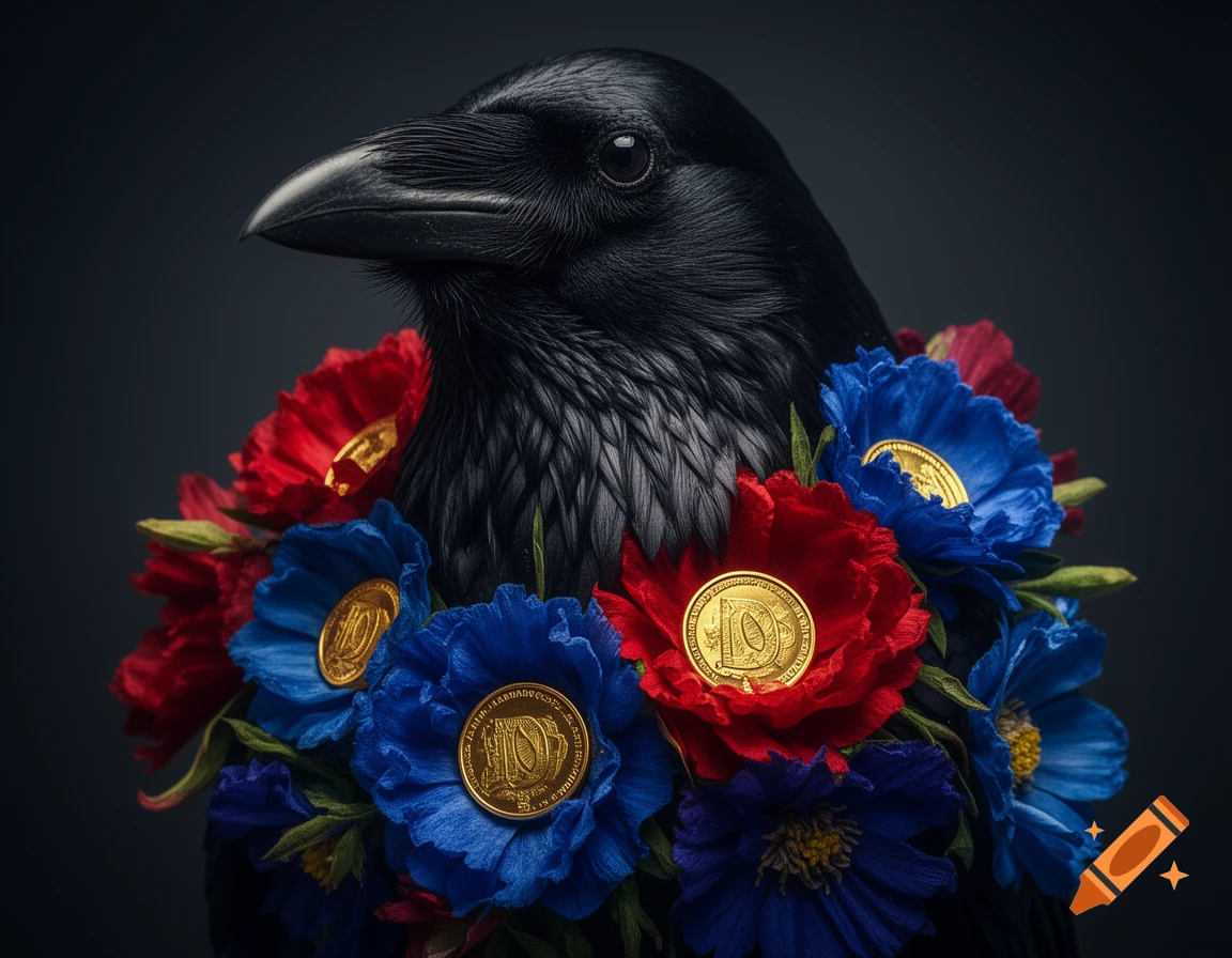 A close-up of a majestic black crow adorned with vibrant red and blue flowers, each with a gold coin at its center.