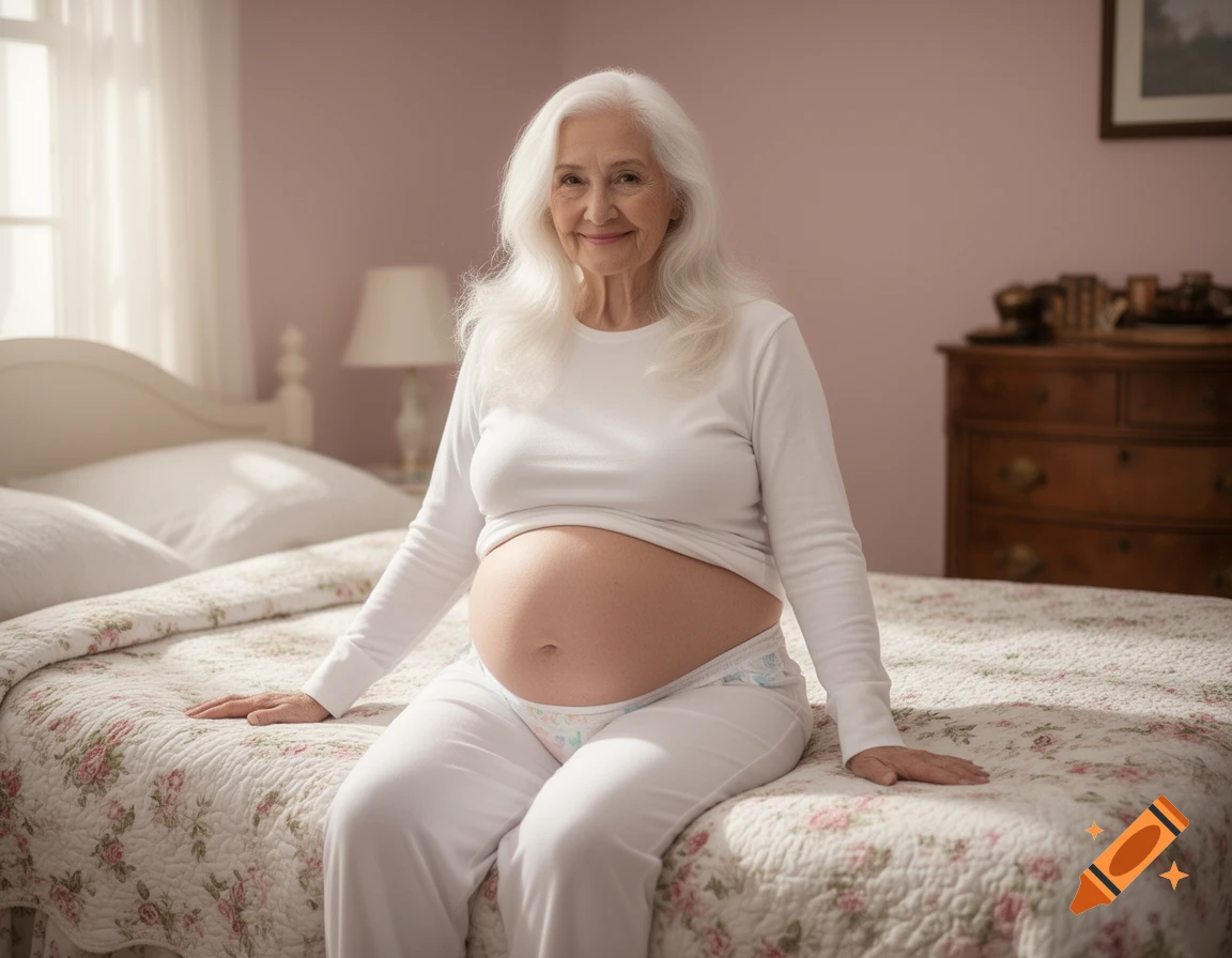 An elderly woman with white hair, wearing a white shirt and pants, sits on a bed, smiling and showing her pregnant belly.