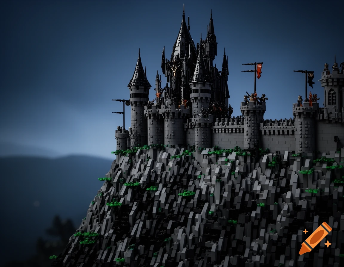 A photorealistic Lego model of a dark, gothic castle on a jagged, blocky mountain with scattered green pieces, against a dark blue sky.