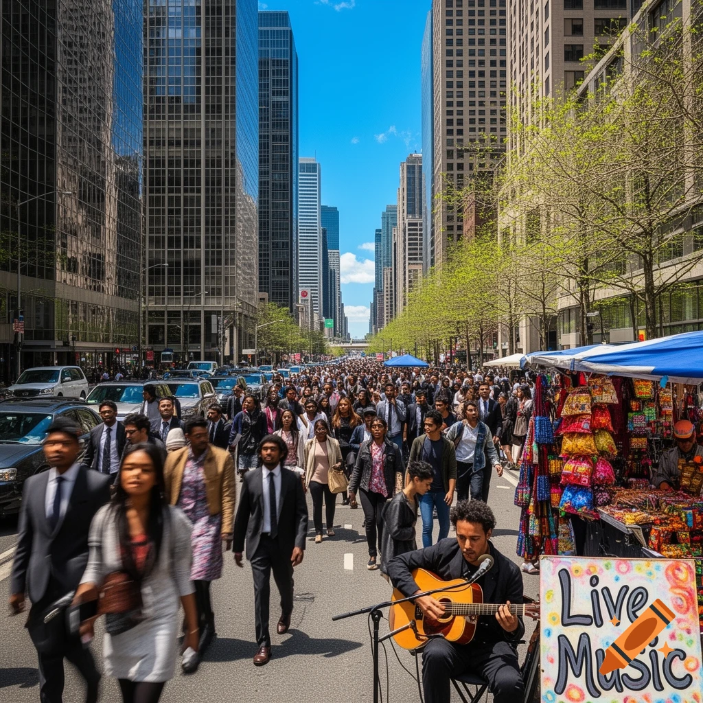 A bustling city street with tall buildings, a large crowd of pedestrians, a street musician playing guitar, and a colorful market stall.