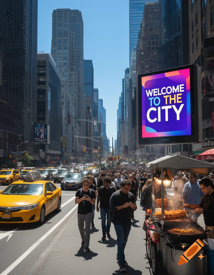 A bustling city street scene with tall buildings, yellow taxis, pedestrians, a food cart, and a billboard saying 'WELCOME TO THE CITY'.