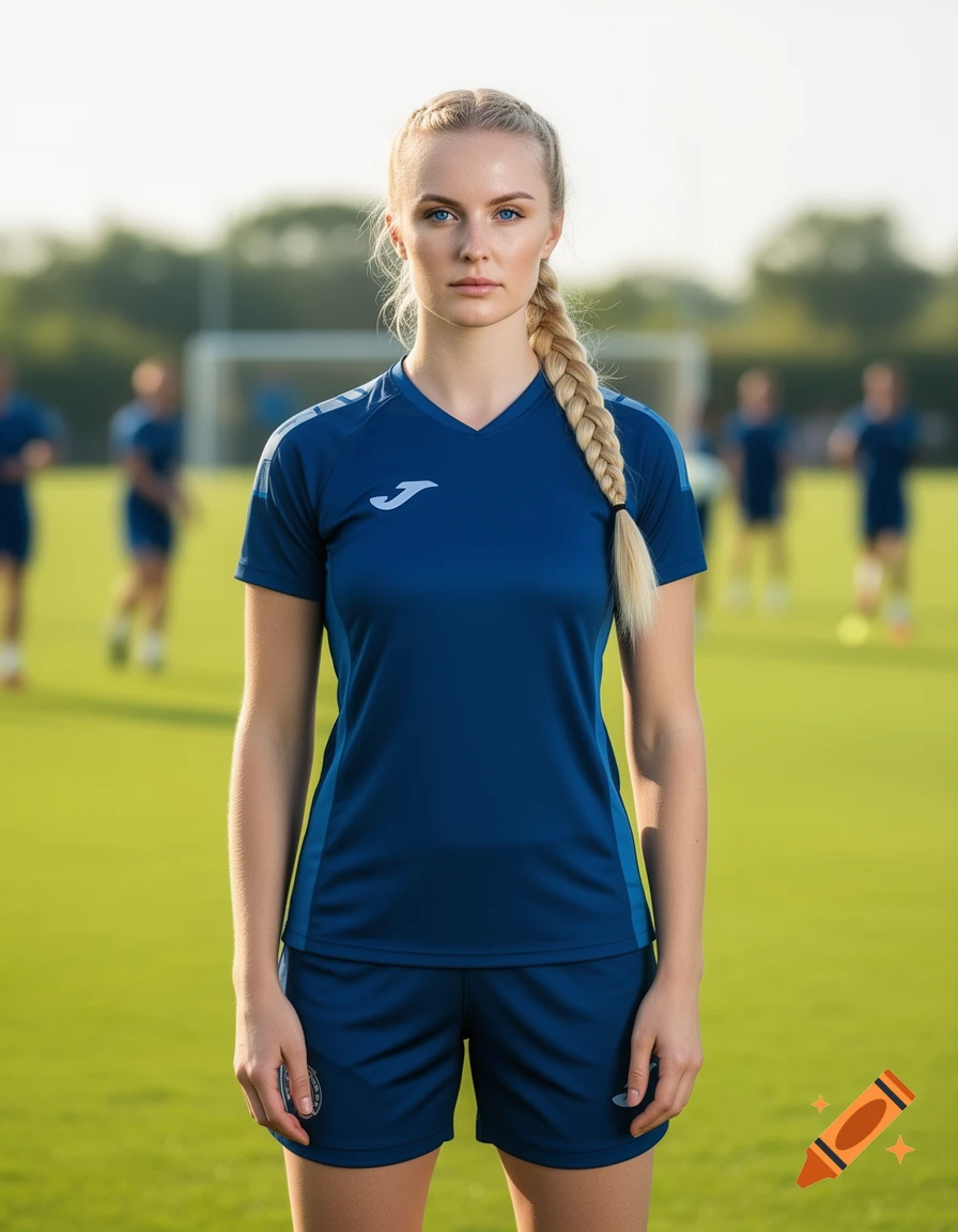Photorealistic portrait of a blonde woman with a braid, in a blue soccer uniform, standing on a green field.