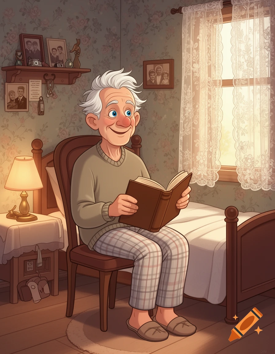 Cartoon granddad with white hair and blue eyes reading a book in his cozy bedroom with a window and lamp.