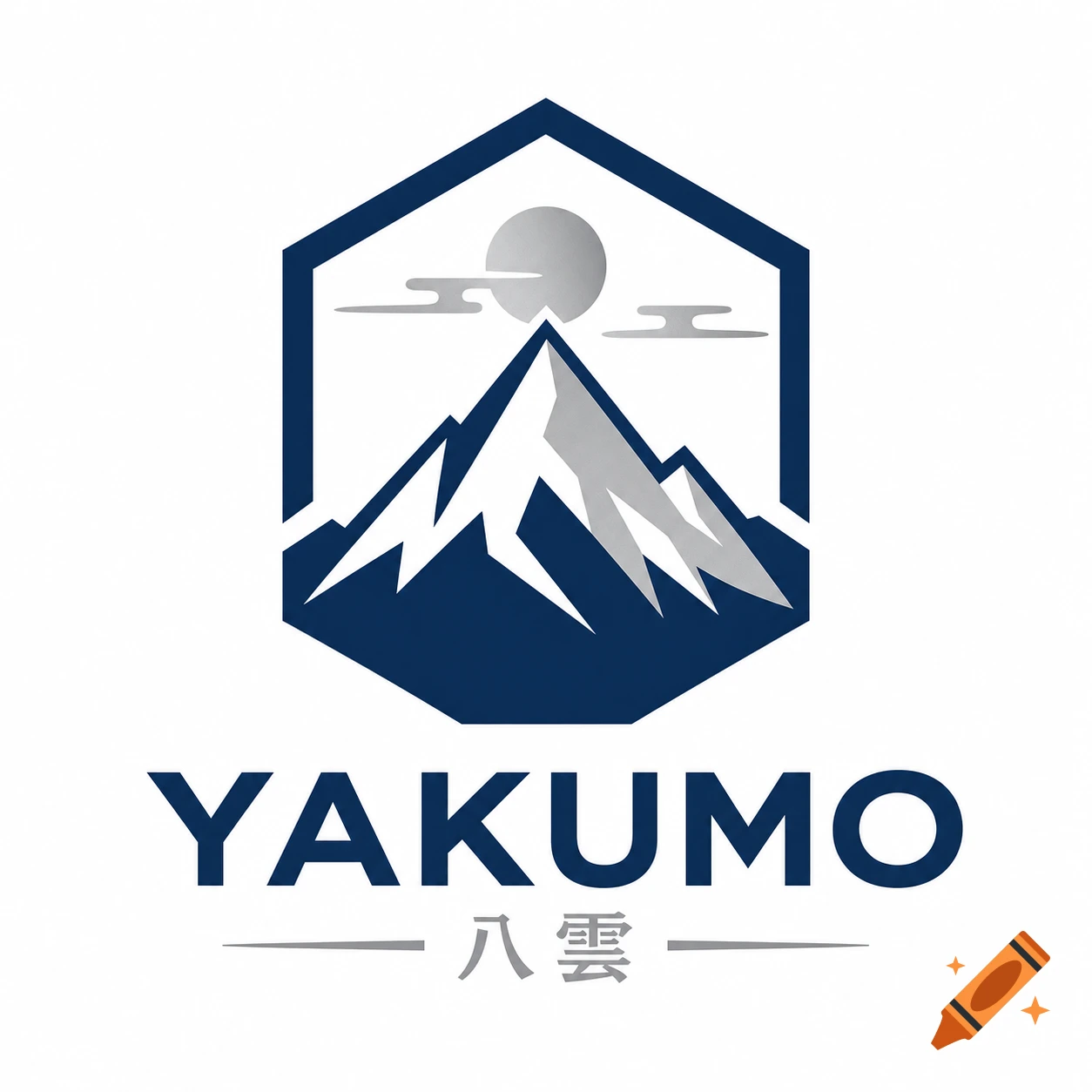 Minimalist logo for YAKUMO: navy blue and silver mountain silhouette in a hexagon, with YAKUMO text and Japanese characters.