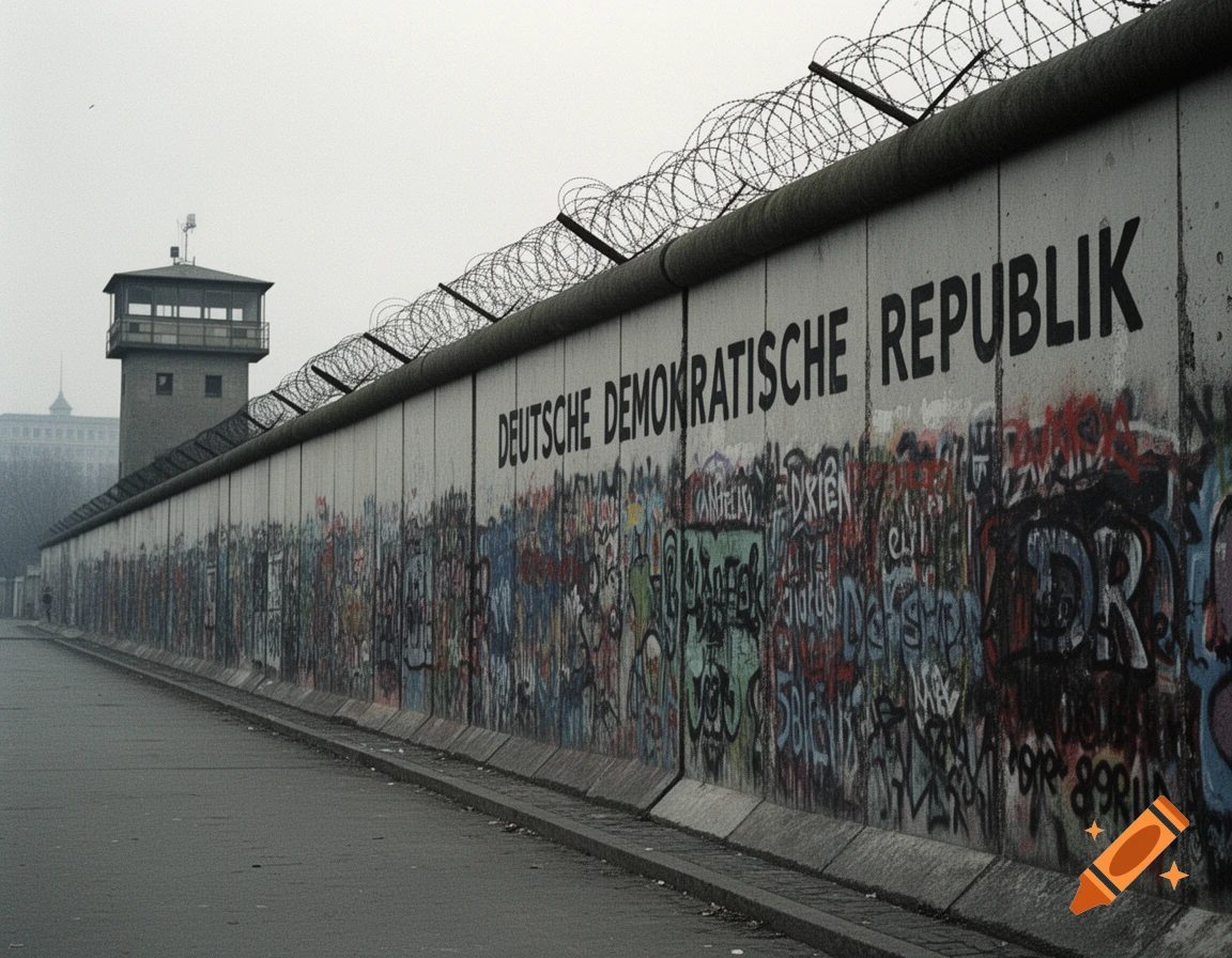 A long section of the Berlin Wall, covered in graffiti and barbed wire, with a tall guard tower under an overcast sky.