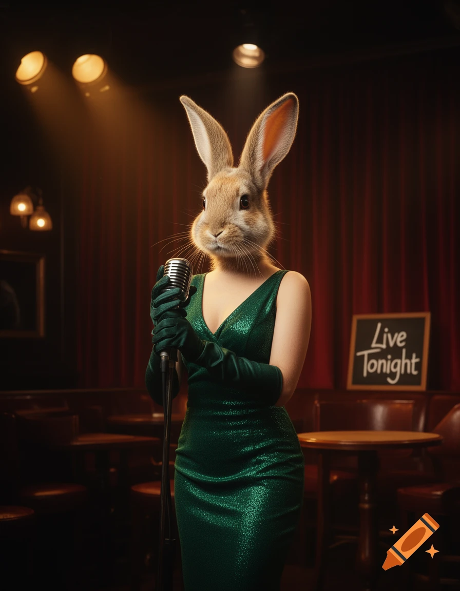 A photorealistic image of an anthropomorphic rabbit singer in a sparkly green dress and gloves, holding a vintage microphone on a dimly lit stage.