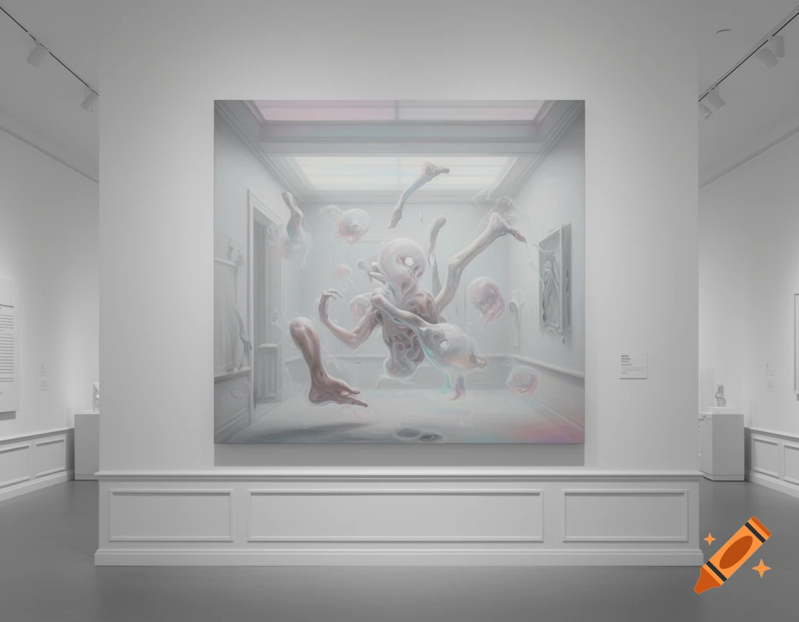 A large surreal painting of a floating, distorted, multi-limbed humanoid figure in a dreamlike room, displayed in a white museum gallery.