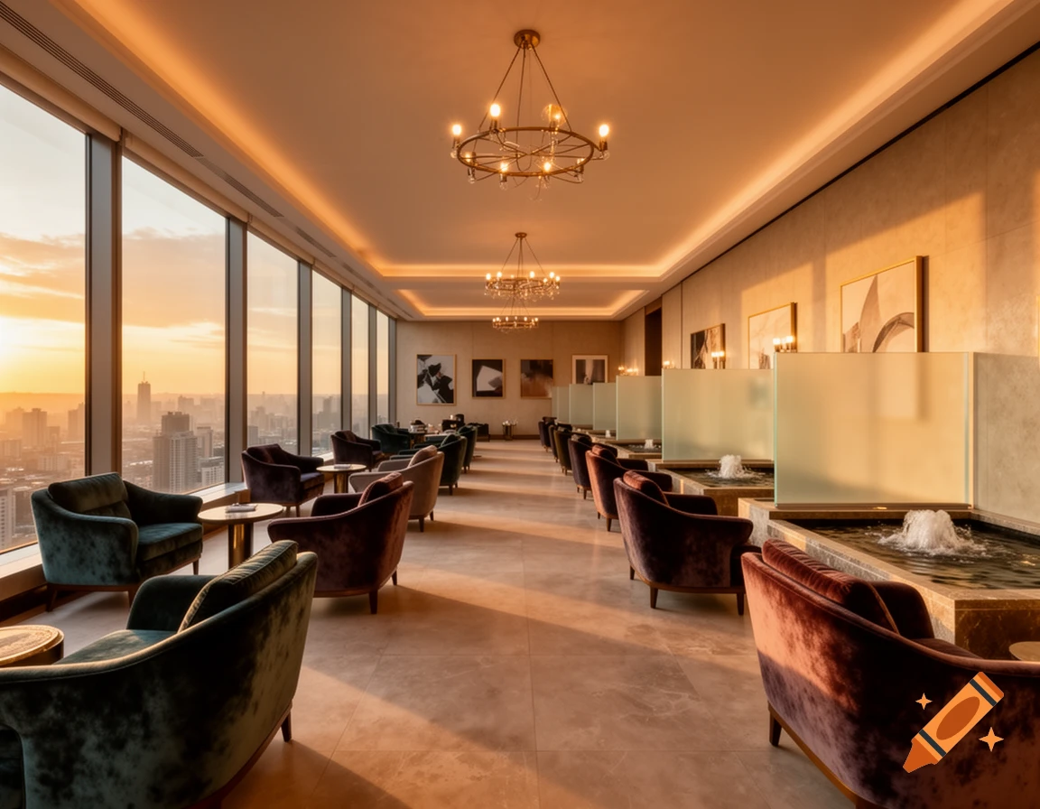 A luxurious lounge in a high-rise building with velvet armchairs, decorative water features, and a city sunset visible through large windows.