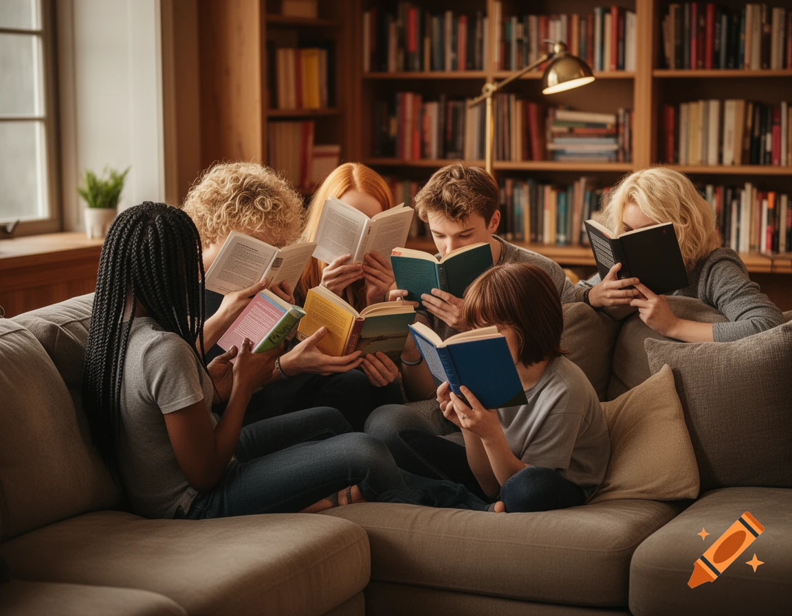 Six young adults from diverse backgrounds sit on a couch, engrossed in reading various books, some with faces obscured by the open pages, in a cozy room with bookshelves.