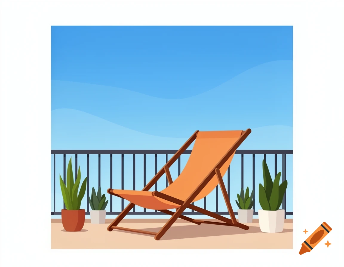 Clipart illustration of an orange lounge chair on a sunny balcony with potted plants.