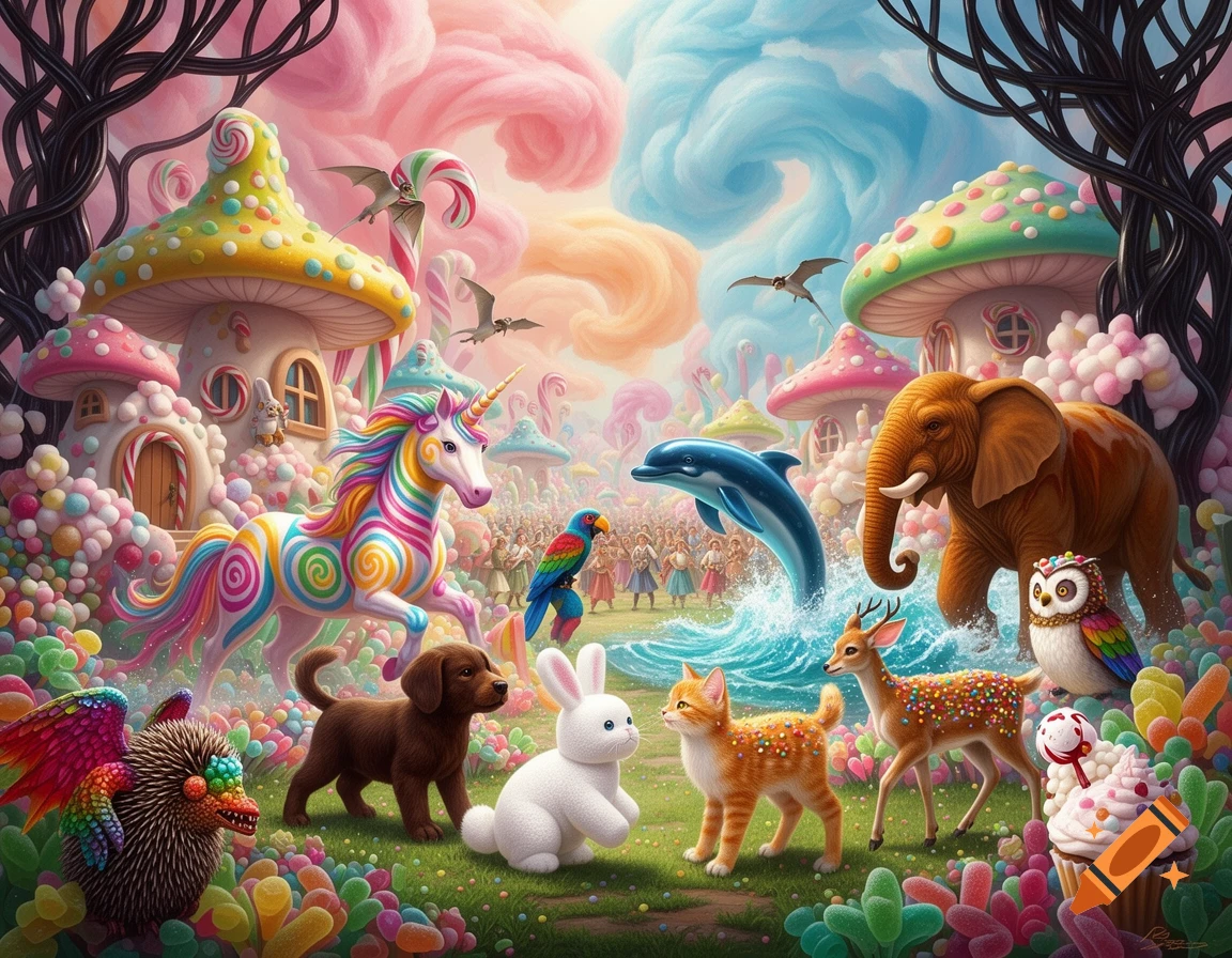 A vibrant candyland fairytale scene with a rainbow unicorn, various candy animals, mushroom houses, and pastel clouds.