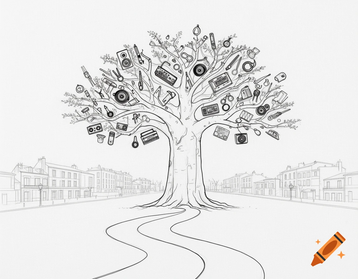 A minimalist black and white line drawing of a large tree with branches covered in objects like boomboxes, cameras, and tools, a winding path leads to the tree, with urban buildings in the background.