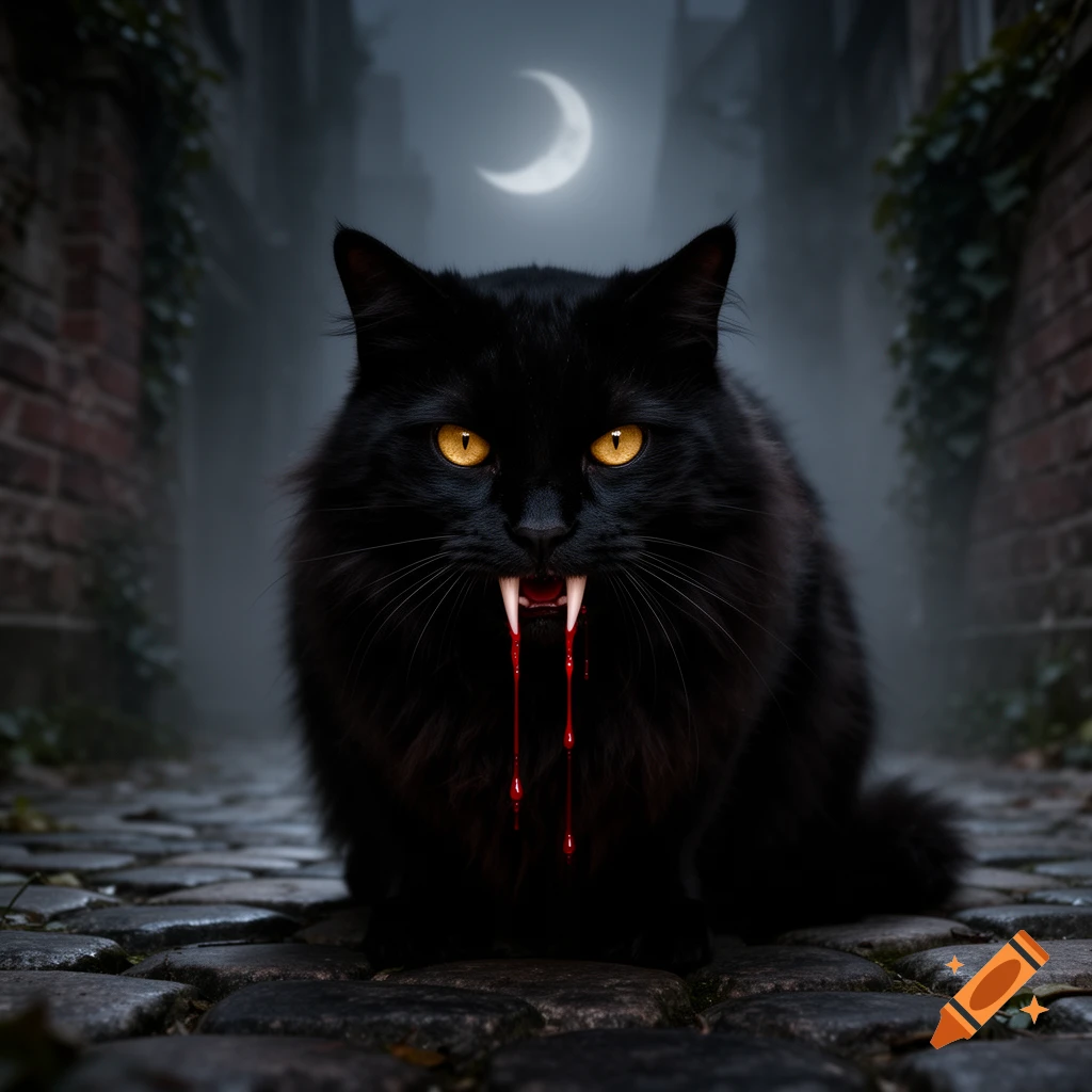 A black cat with bright yellow eyes and prominent vampire fangs, from which blood drips, sits on a dark cobblestone street under a crescent moon.