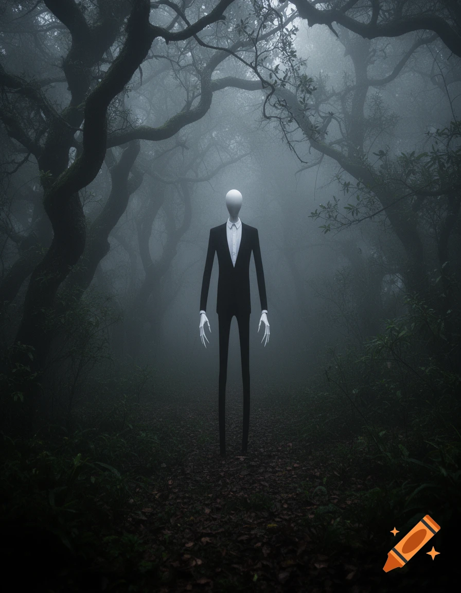 A tall, faceless figure in a black suit, Slender Man, stands on a dark path in a foggy, eerie forest with gnarled trees.