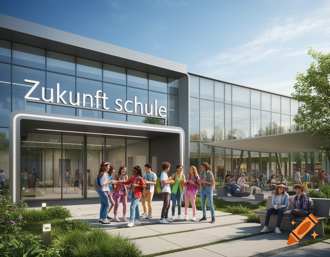 A modern school with a glass facade and 'Zukunft schule' text, with diverse students gathered outside on a sunny day.