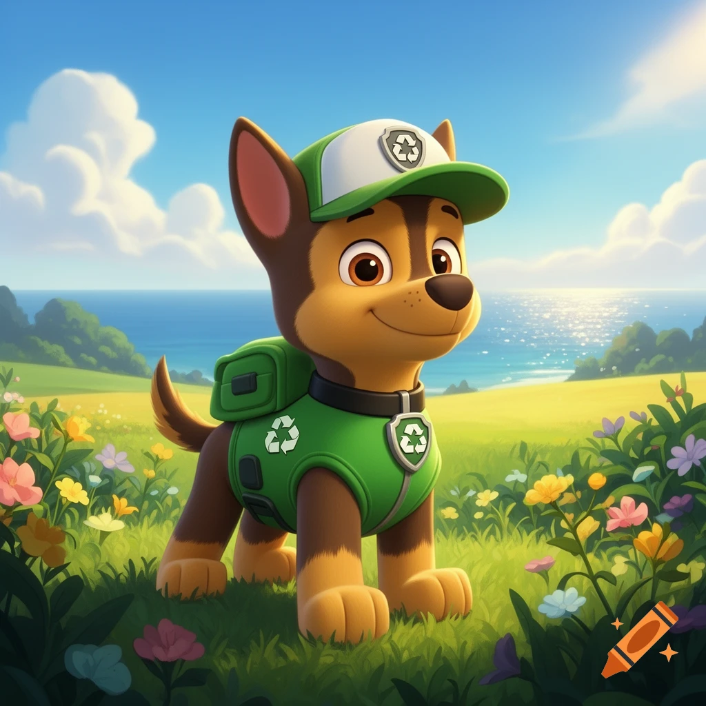Cartoon dog Rocky from PAW Patrol wearing a green vest and hat with recycling symbols, standing in a sunny field by the ocean.