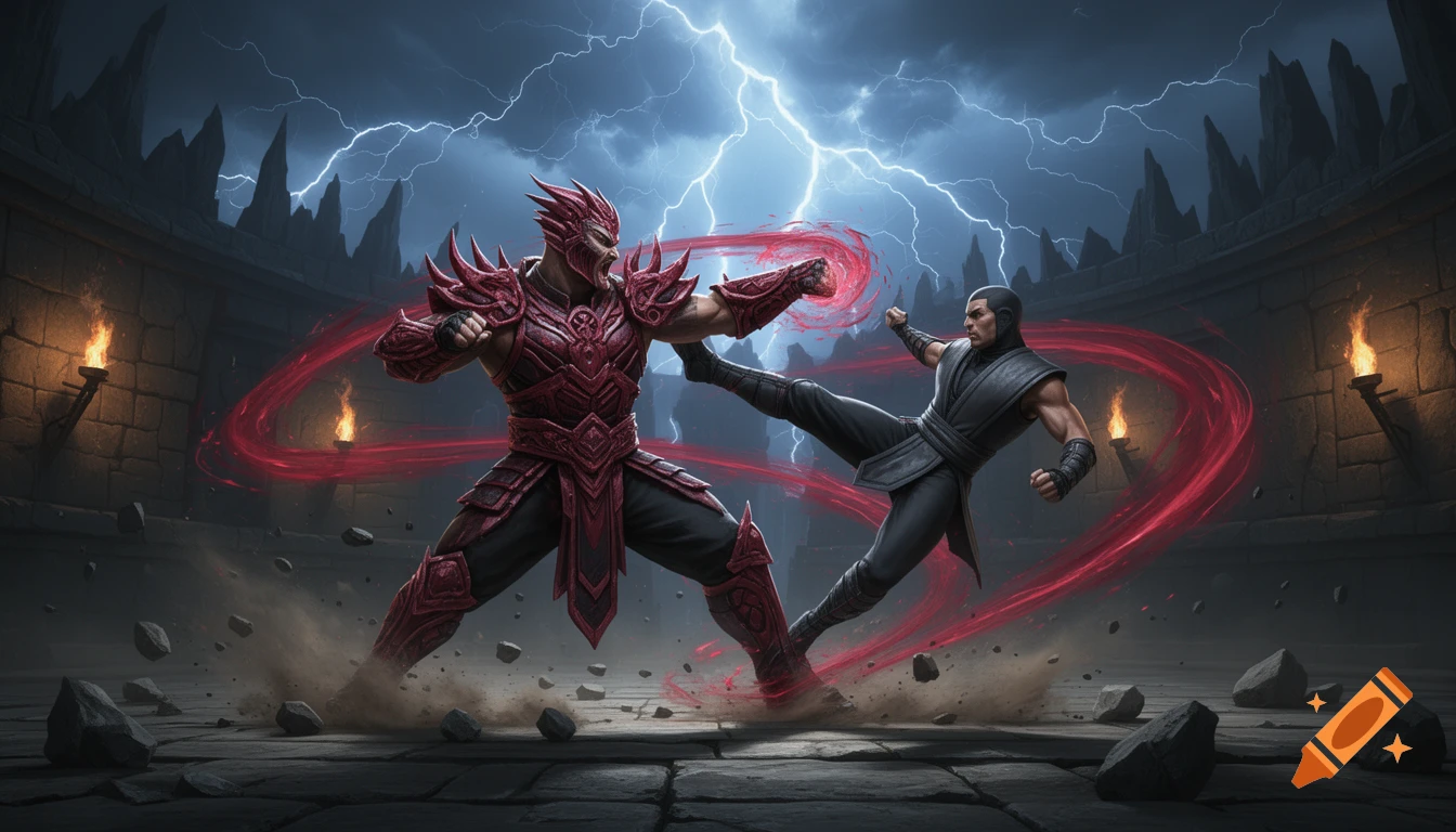 Two stylized warriors, one in red armor and one in black, fight in a stone arena under a lightning storm with red magical energy.